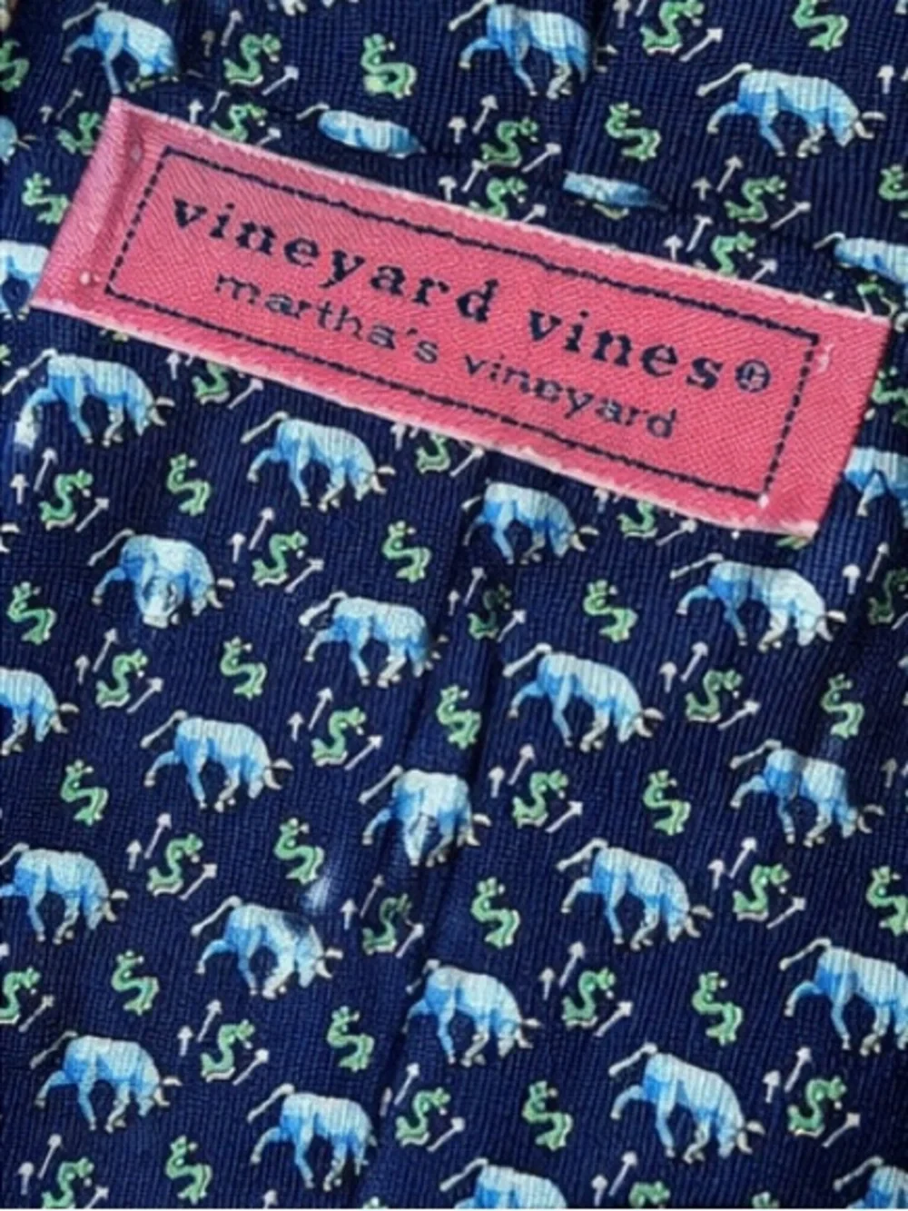 Vineyard Vines Navy Bulls & Dollar Sign Silk Tie Wall Street Finance Novelty - Picture 4 of 5